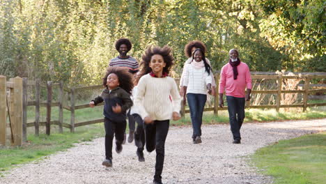 children running ahead as multi generation family on autumn walk in countryside together