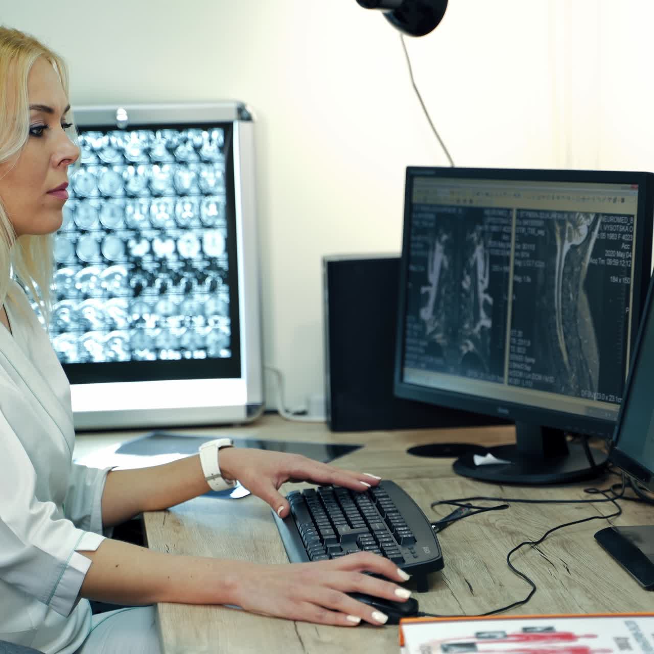 Attentive focused lab technician working in the hospital room for MRI analysis. Female medic analyzing MRI scans on the computer screens and types the diagnosis