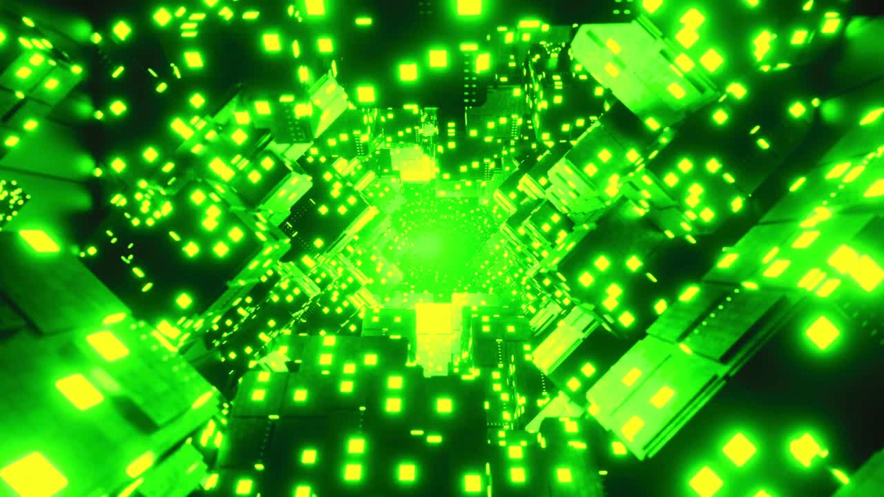 Flying Through a Glowing Green Digital Tunnel