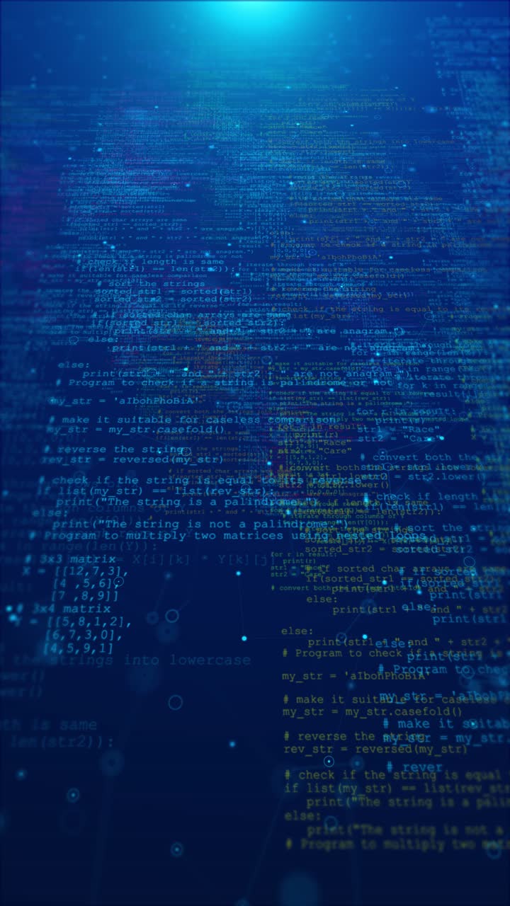 Program code and data wave technology molecule flowing dot particle wave flow line wireframe glowing