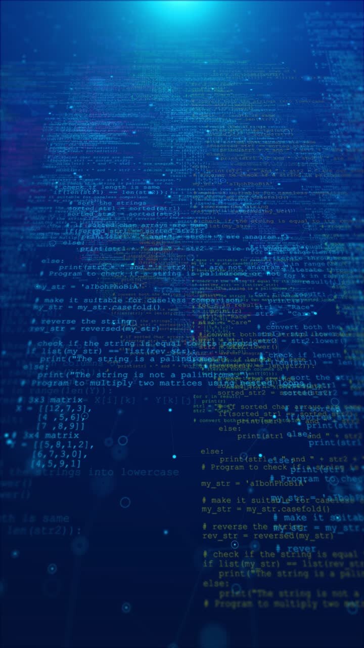 Program code and data wave technology molecule flowing dot particle wave flow line wireframe glowing