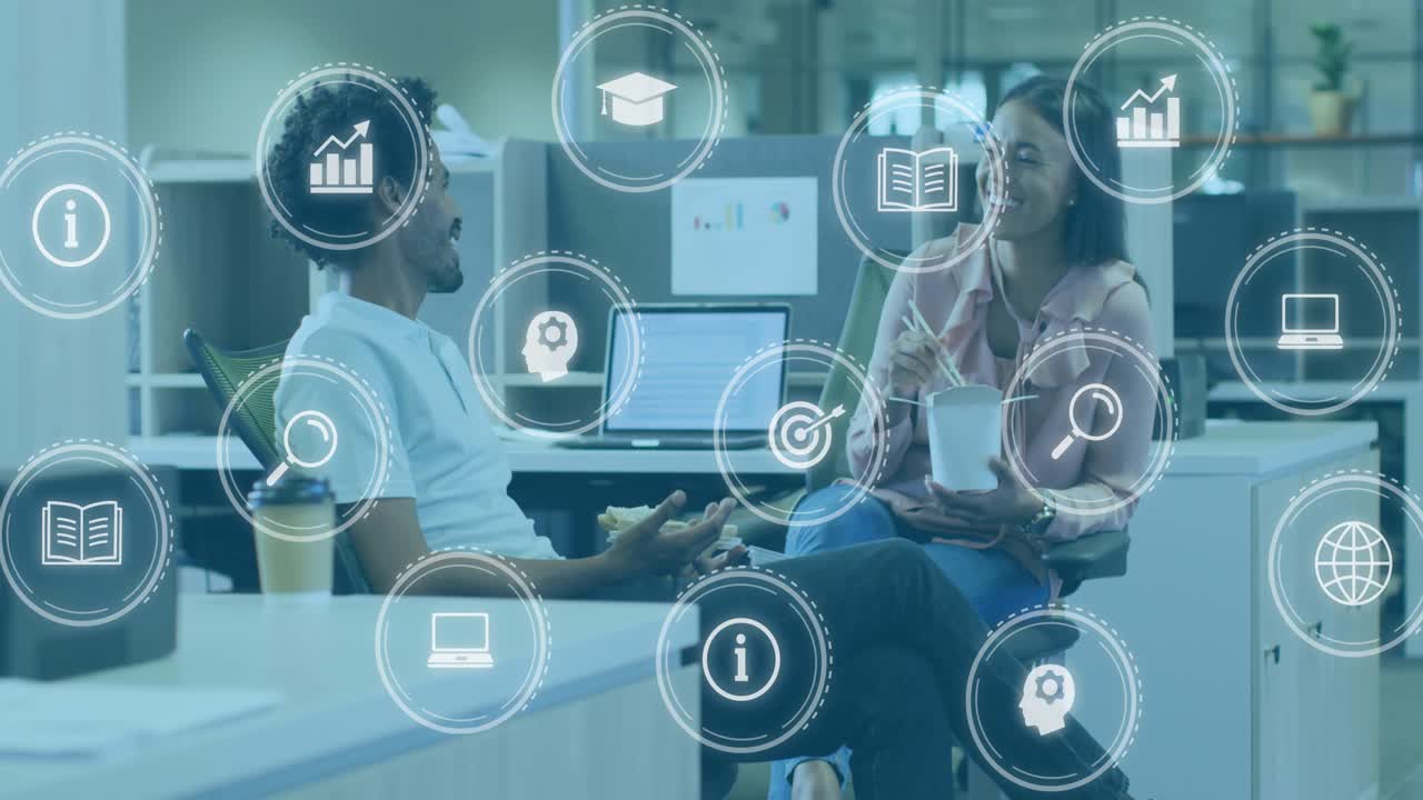 Man speaking while woman stirring cup, speech sparking training data icons around laptop