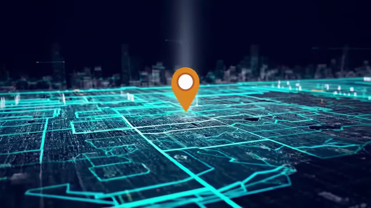 Futuristic video concept with a digital map and location pin, viewed from a high angle