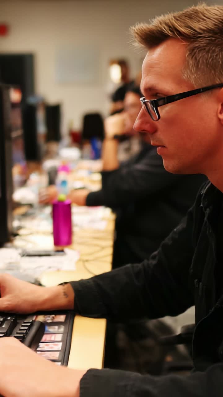 Focused Individual Engaged in Video Editing, Surrounded by Colleagues Utilizing Computer Workstations in a Modern Office Environment