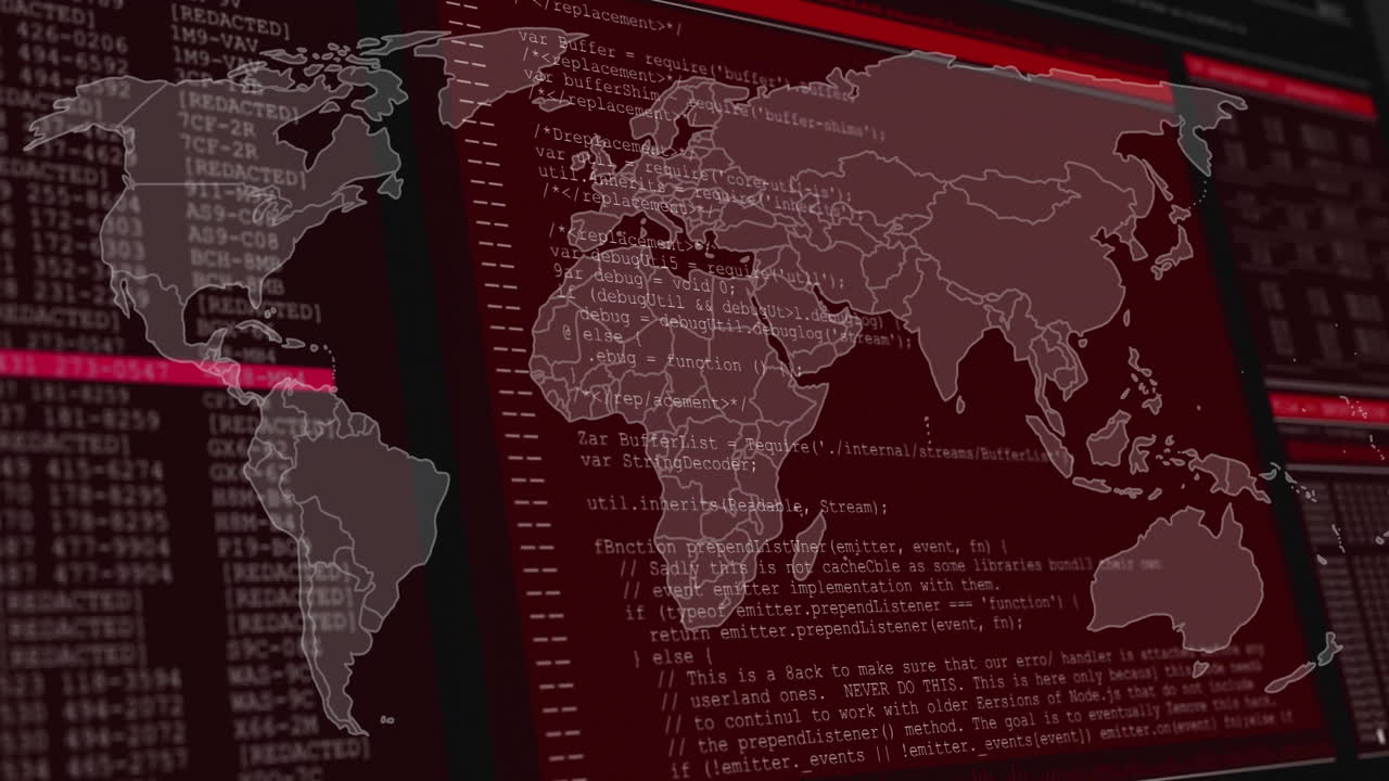 mapa del mundo y código de programación, animación de ciberseguridad