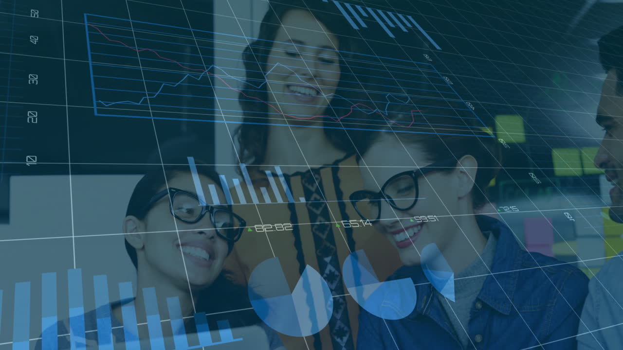 Viewing financial data charts, diverse group smiling with animation in background
