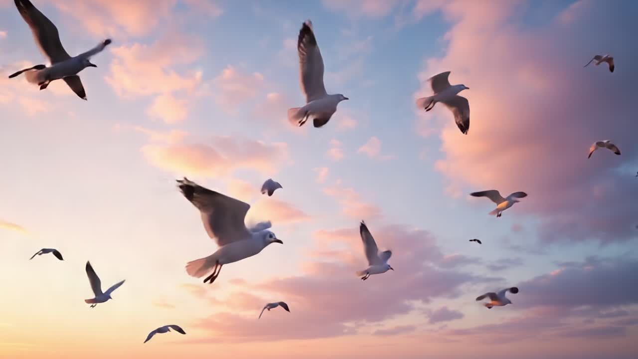 A Majestic Exhibition of Birds in Flight Against a Vibrant Sunset Sky, Highlighting Their Graceful Movement and the Beauty of Nature's Palette