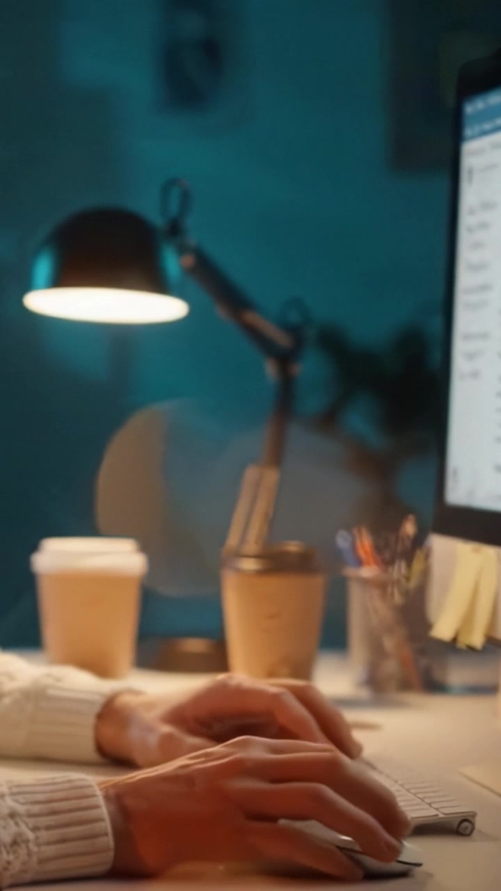 Una scena di spazio di lavoro concentrato di notte: momenti catturati di creatività, produttività e innovazione con una scrivania ben illuminata, tazze di caffè e un individuo impegnato