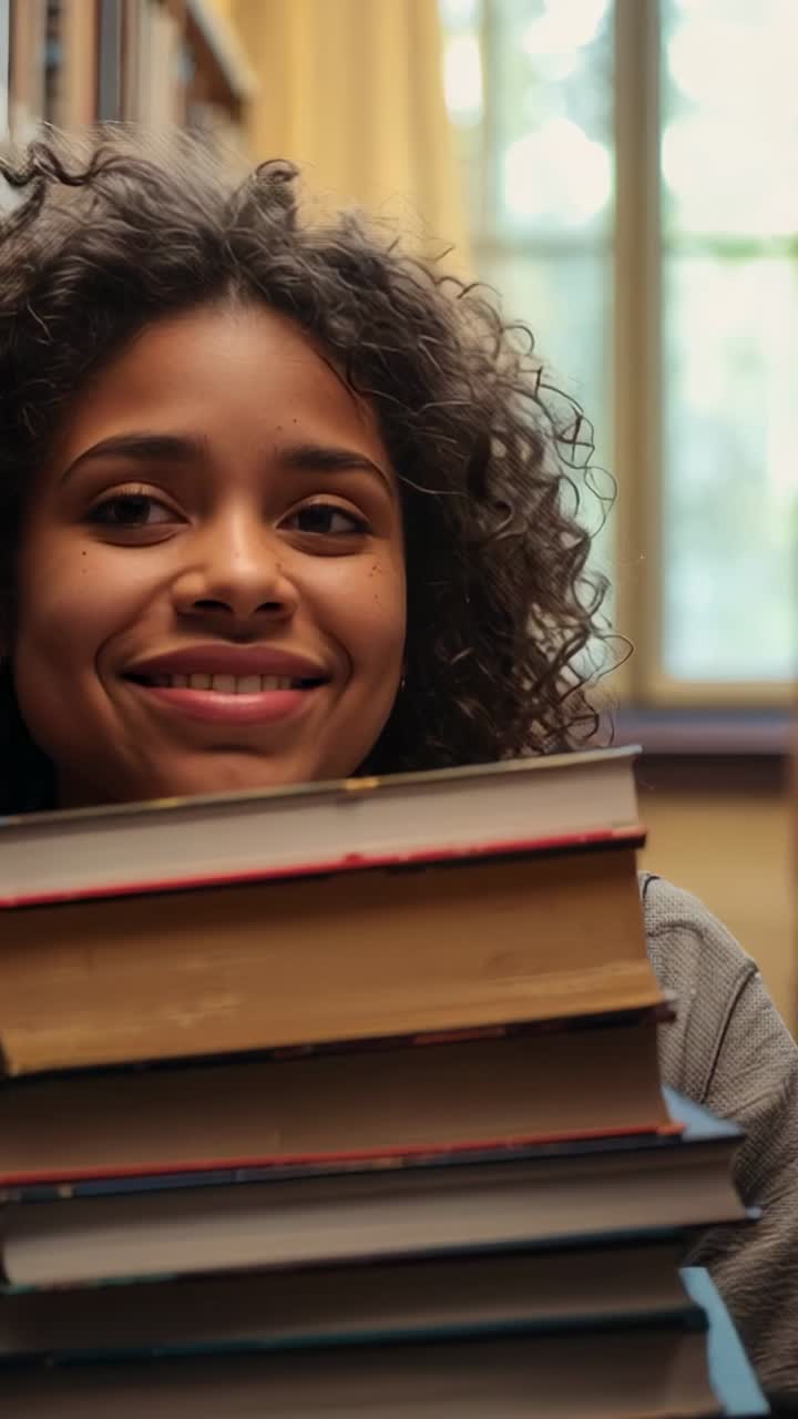 Vertical video: Smiling teen opening eyes, shifting gaze right in library, holding tall book stack