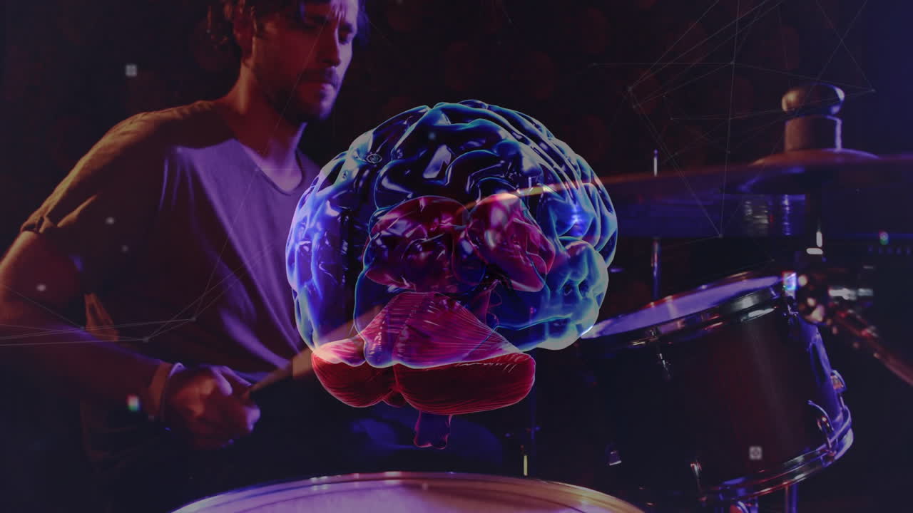 Male drummer hitting snare drum on dark stage, with tech holographic brain floating above kit