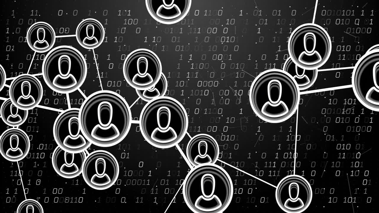 animación de la red de conexiones con personas iconos y codificación binaria