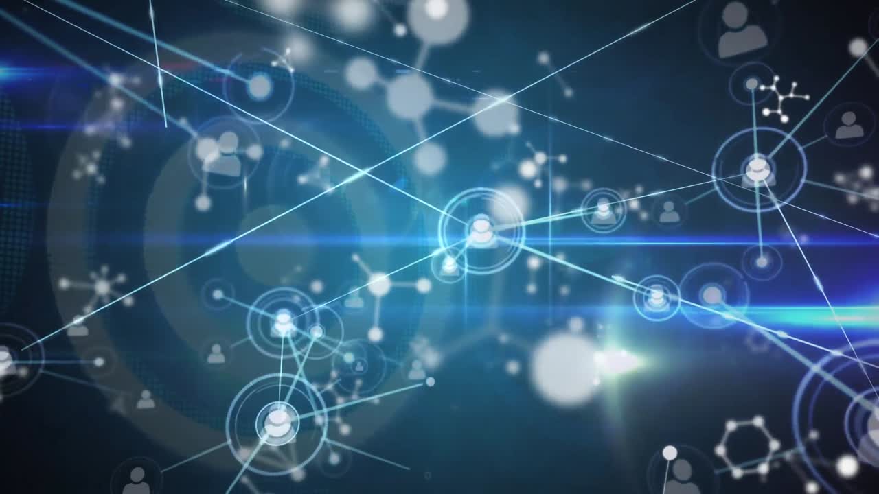 파란색 배경에있는 사람 아이콘과의 연결 네트워크의 애니메이션