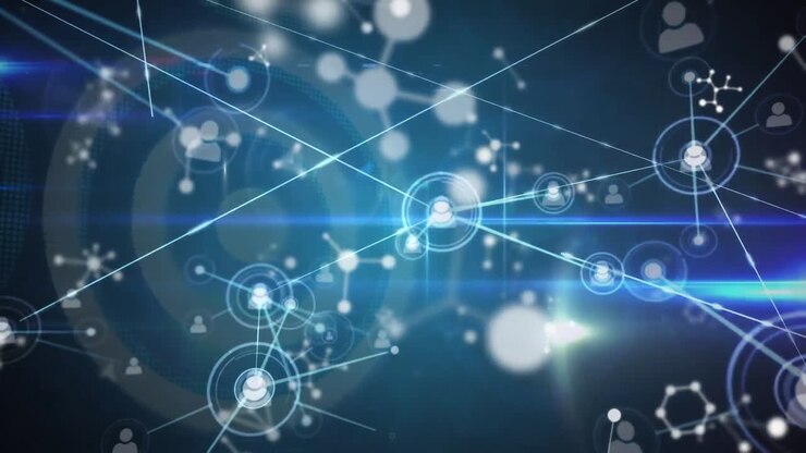 Animation of network of connections with people icons over blue background