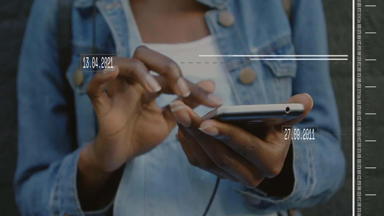 Woman using smartphone outdoors, showcasing travel data graphics and numeric codes in technology