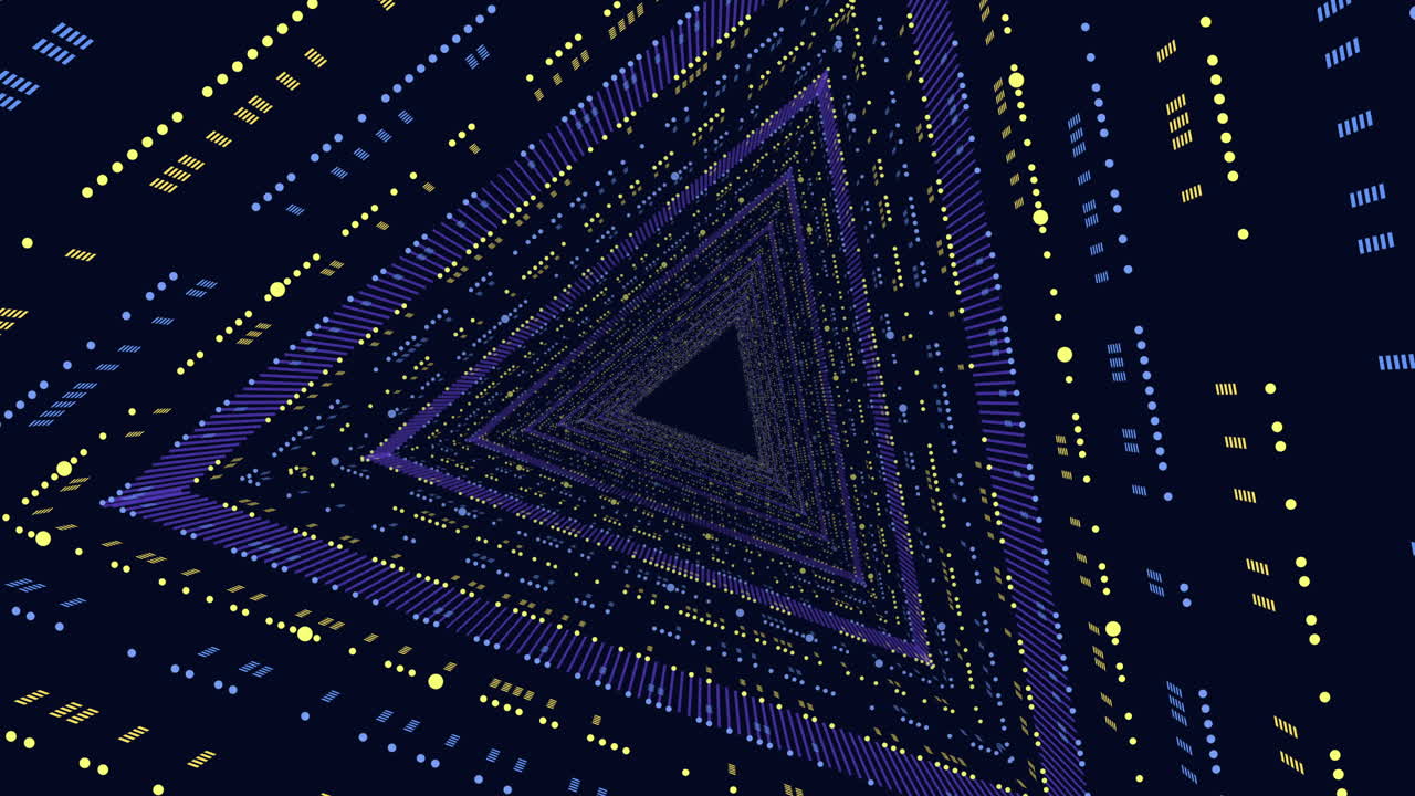 Futuristic neon triangle tunnel with glowing particles, abstract technology background