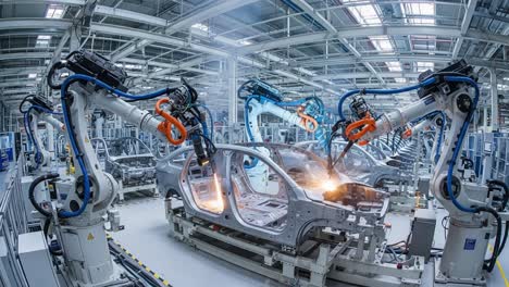 advanced robotic automation in vehicle assembly: showcasing precision engineering with state-of-the-art robotic arms and seamless production workflow in a high-tech manufacturing facility