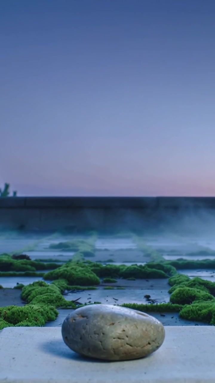 Vertical video: Pulling cam back showing smooth stone resting on cloth slab at pier with green moss