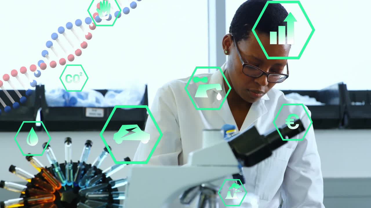 Animation of dna strand and eco icons over african american female scientist in laboratory