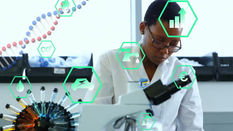 animación de cadena de adn y iconos eco sobre científica afroamericana en el laboratorio