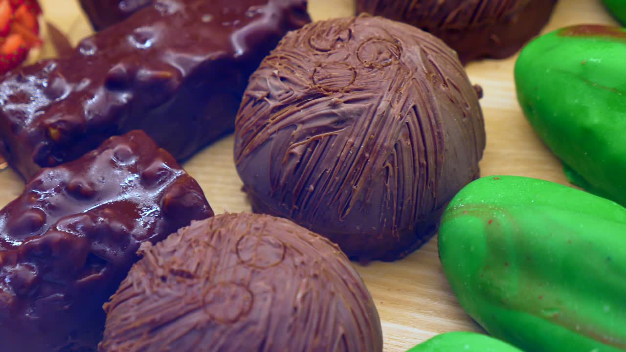 Deliziosi dolcetti al cioccolato e marzapane in mostra