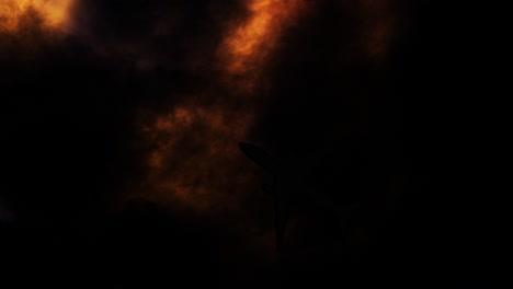 jumbo jet plane silhouette with orange slow motion lightning behind dark storm clouds 4k