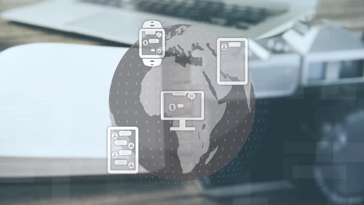 animación de iconos de comunicación y globo sobre portátil, portátil y cámara