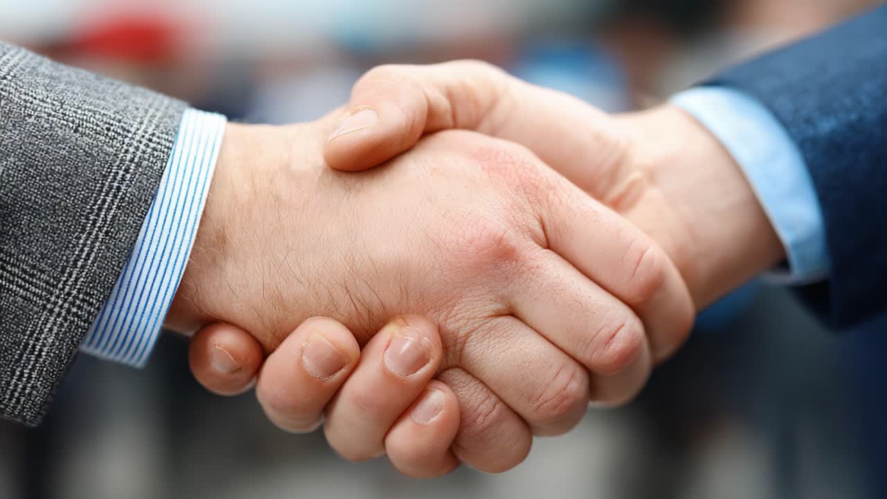 A Defining Moment of Unity: Two Hands Shaking Firmly in a Gesture of Agreement and Trust, Signifying Collaboration and Mutual Understanding in Professional Settings