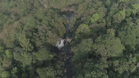 Disparo-Descendente-De-Arriba-Hacia-Abajo-De-Una-Cascada-Rodeada-De-Un-Denso-Bosque-En-Kerala,-India-Durante-El-Día-Soleado