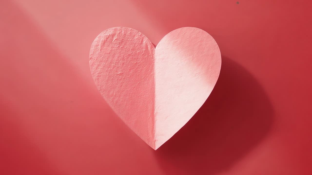 Appearing diagonal beam brightening pink paper heart on red backdrop deepening lower right shadow