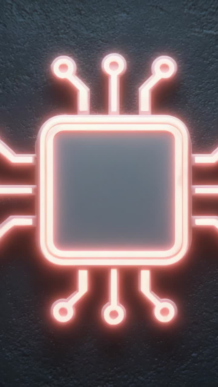Illuminated Circuit Board Design Featuring a Central Processing Unit Highlighted by Neon Lights, Embodying Technological Advancements and Digital Innovation
