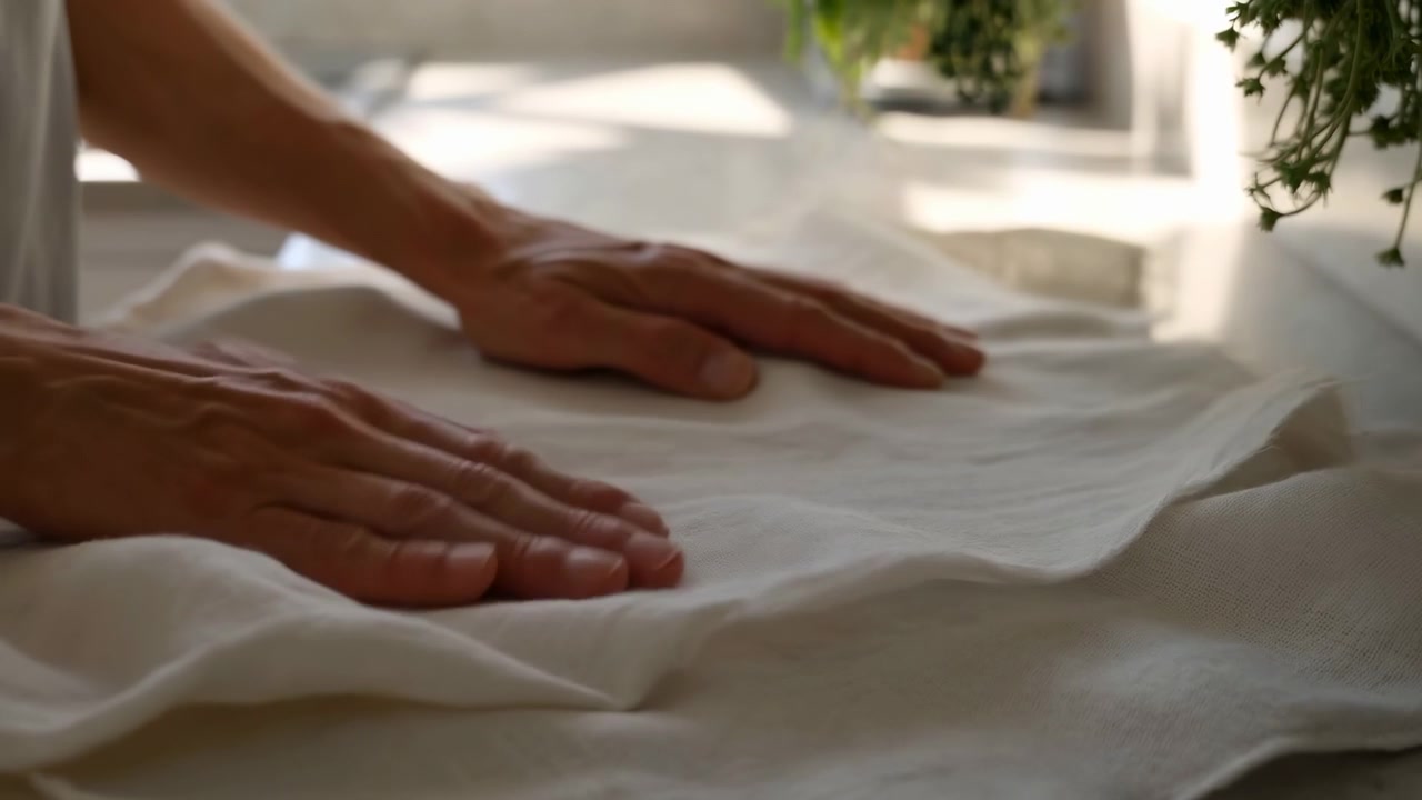 Close-up view of hands gliding across light-colored linen on tabletop inside bright room, with soft folds, natural texture, window light, gentle shadows, and calm domestic atmosphere