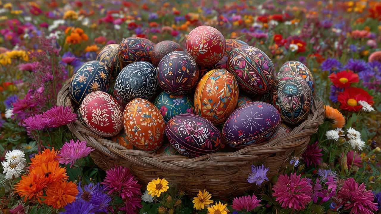 Una Vivace Esposizione di Uova di Pasqua Artigianali Nascoste in un Cesto Intrecciato Circondato da Fiori Colorati in un Bellissimo Giardino Primaverile