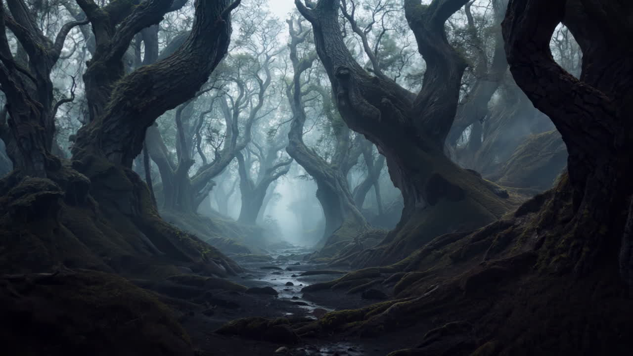 Walking through a misty forest from first person perspective