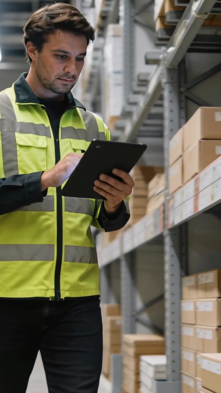 Video verticale: Operaio di magazzino con giacca ad alta visibilità che scansiona, tocca un tablet e controlla le scatole sugli scaffali.