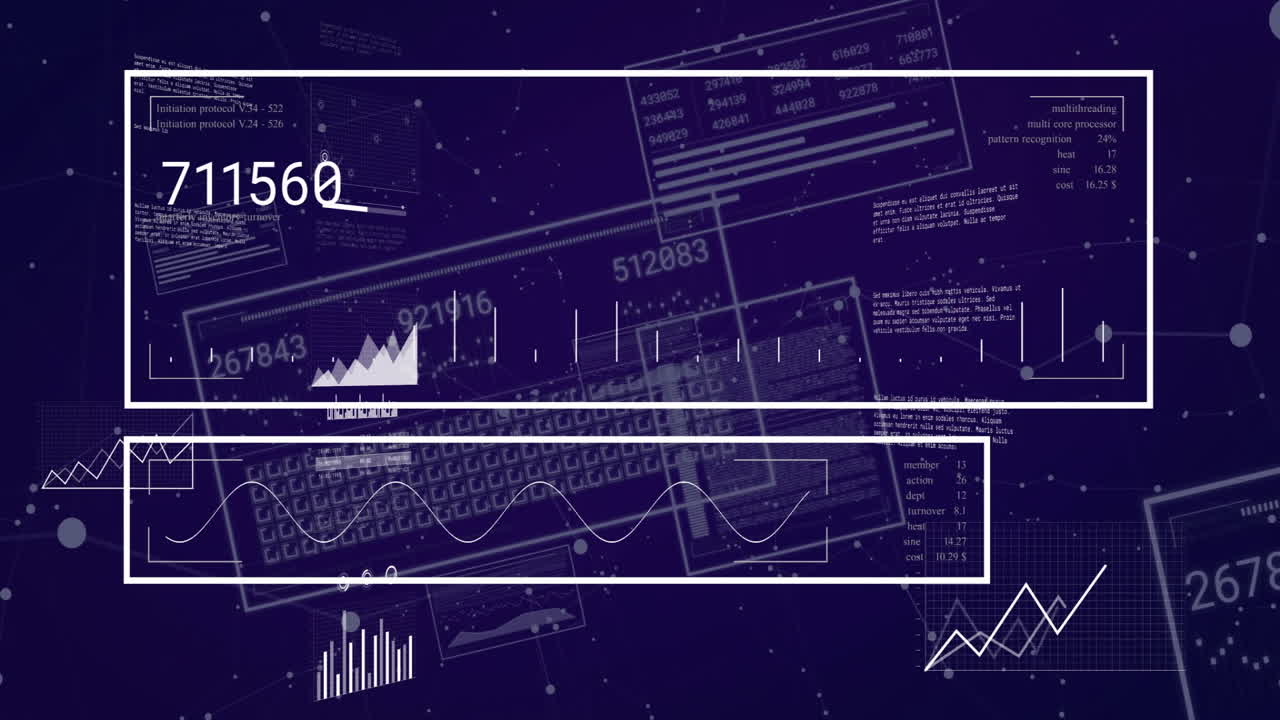 Animation of digital data charts and graphs overlaying dark blue background
