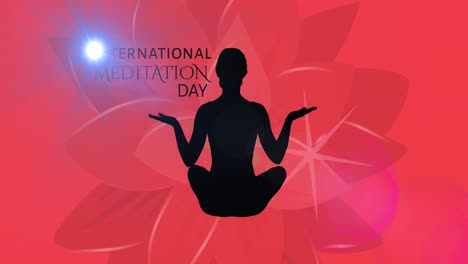 Animation-Des-Textbanners-Zum-Meditationstag-Und-Silhouette-Einer-Frau-In-Yoga-Pose-Auf-Floralem-Hintergrund