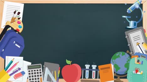 animación de múltiples materiales escolares que se mueven en una pizarra