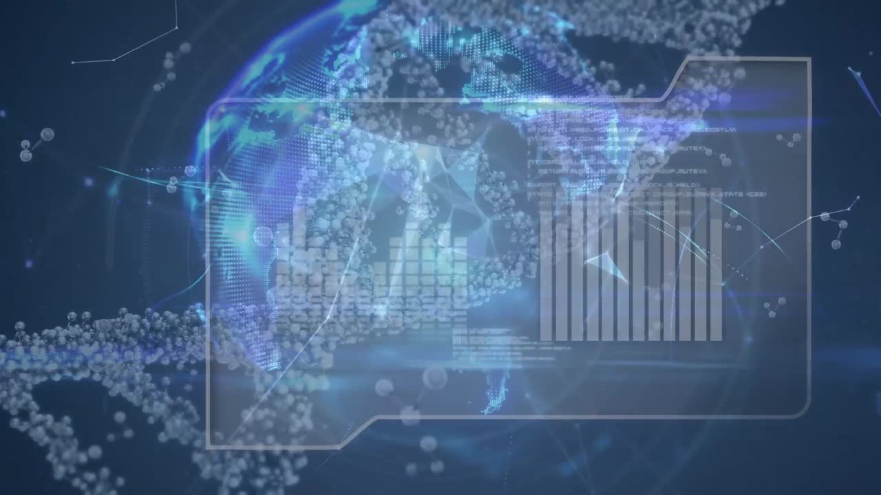 파란색 배경에 과학적 데이터 처리 위에 회전하는 dna 가닥의 애니메이션