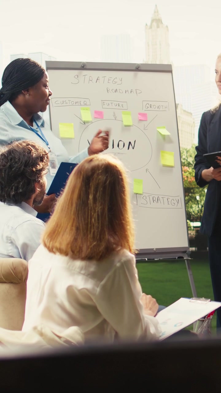 Vertical Video Team of diverse presenters explaining vision board roadmap and sticky notes