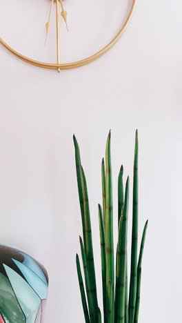 modern home decor with snake plant and gold clock