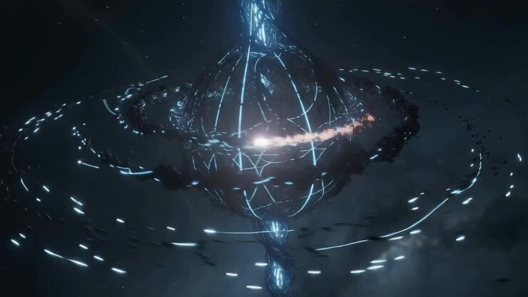 Roterende rygsøjle og torus, der udsender gitterlys og orbitale punkter i rummet, flare-gnistrende spor