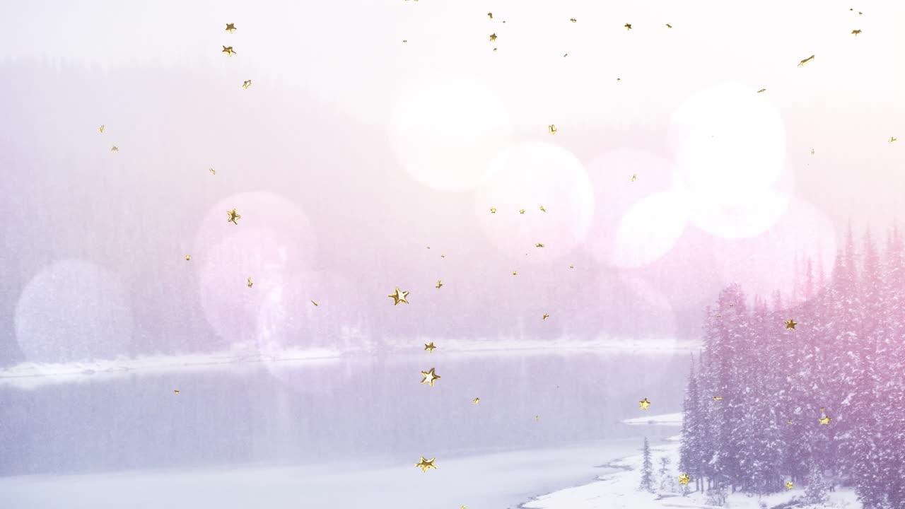 겨울 숲 위에 떨어지는 보케, 별 및 눈의 애니메이션