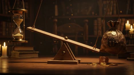 a visual metaphor of balance: exploring time and wealth with an hourglass and a bag of gold on a scale in an intimate library setting