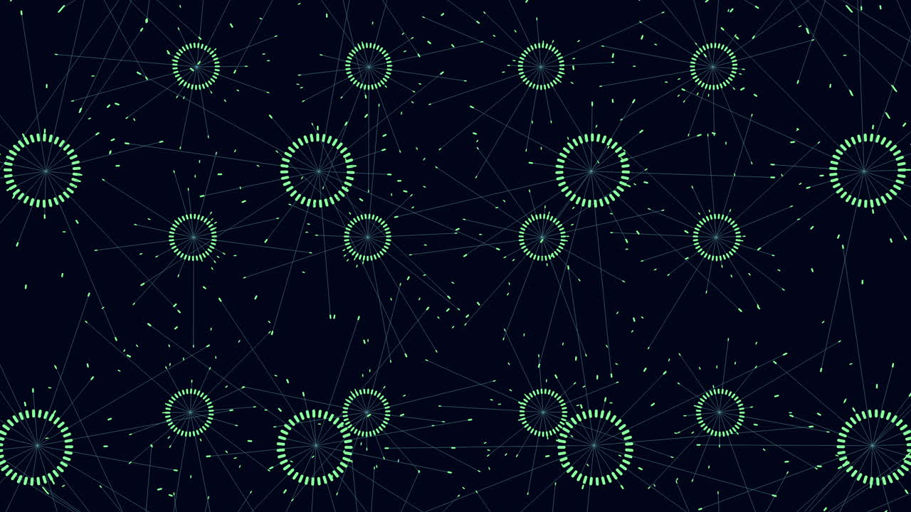 Digital random motion neon colorful circles with glitters in dark galaxy