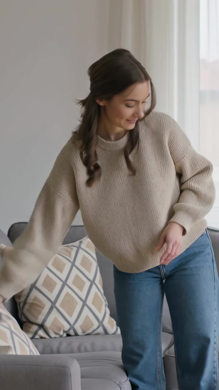Vertical video: Entering woman in beige knit tidying sofa in living room placing pillows and books