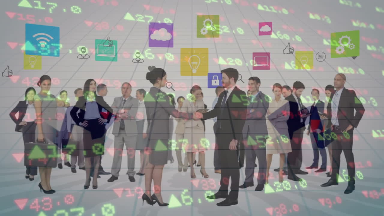 주식 시장 데이터와 기술 아이콘 애니메이션으로 손을 흔들고 있는 사업가들