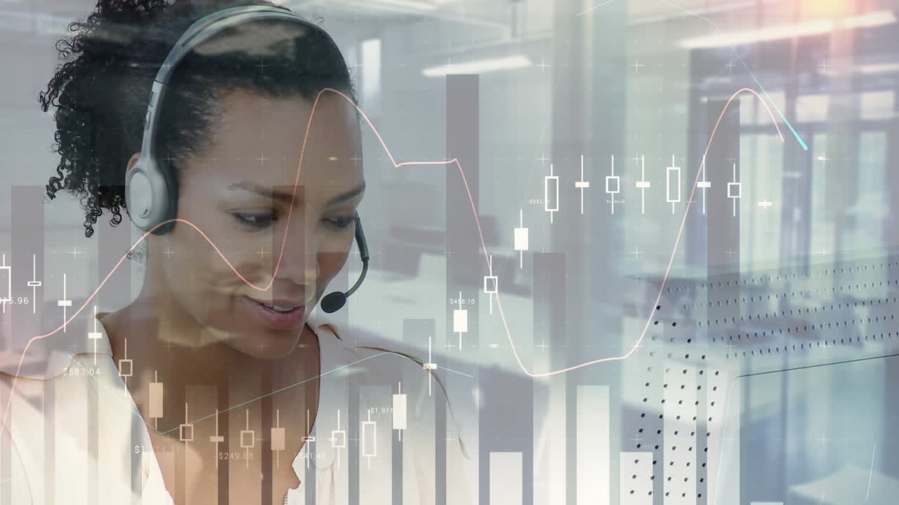 Animation of financial and statistic data processing over businesswoman wearing phone headset