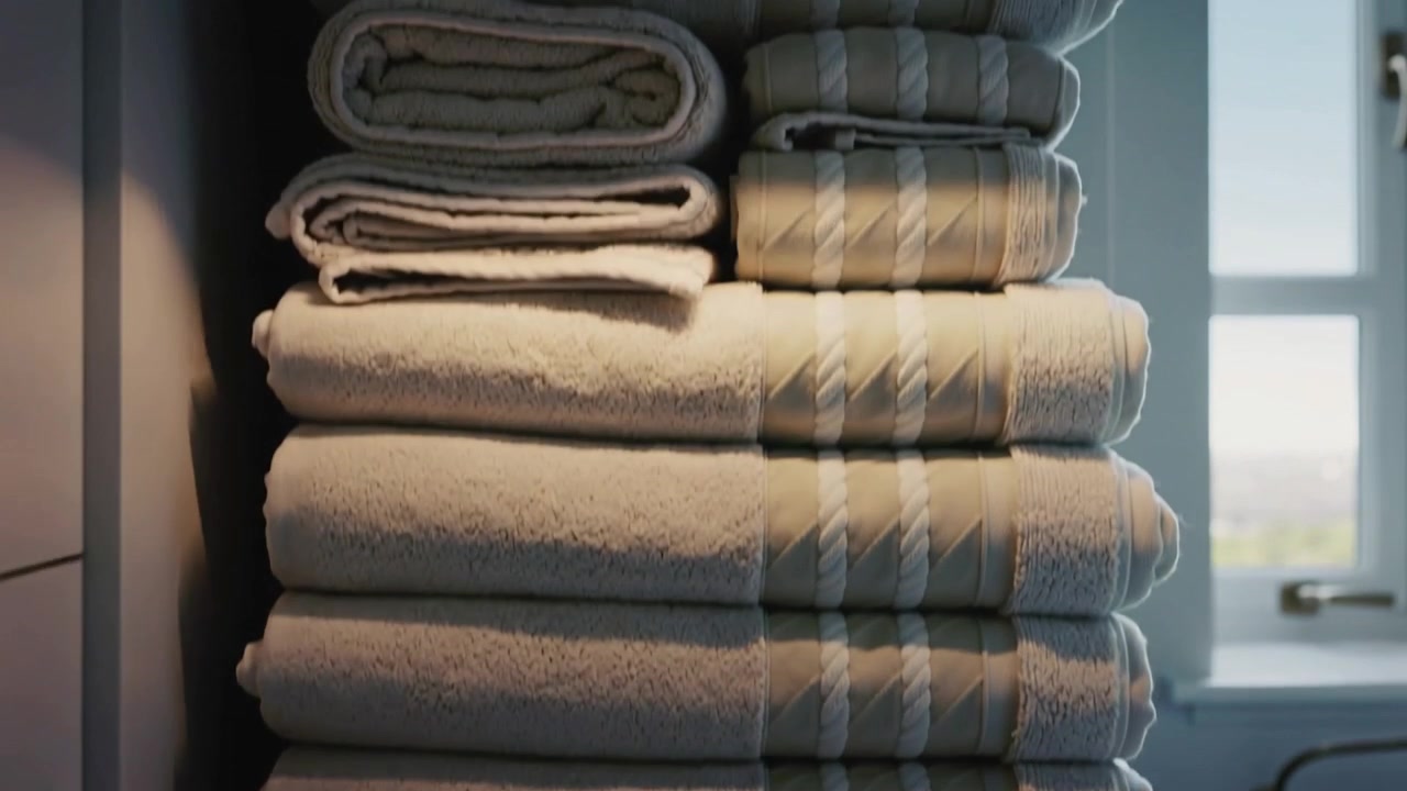 Pulling camera revealing stacked light towels on metal shelf, showing warm LED, jars, window