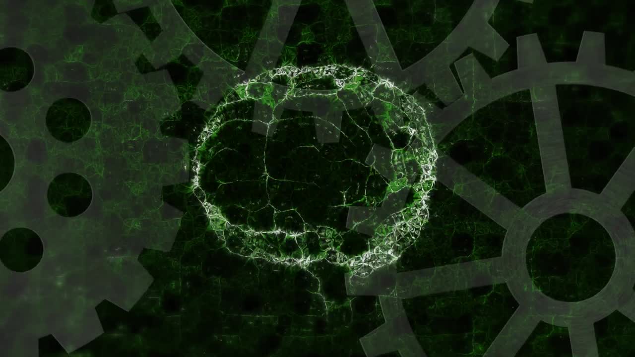 animación del cerebro rotando sobre los engranajes sobre un fondo negro