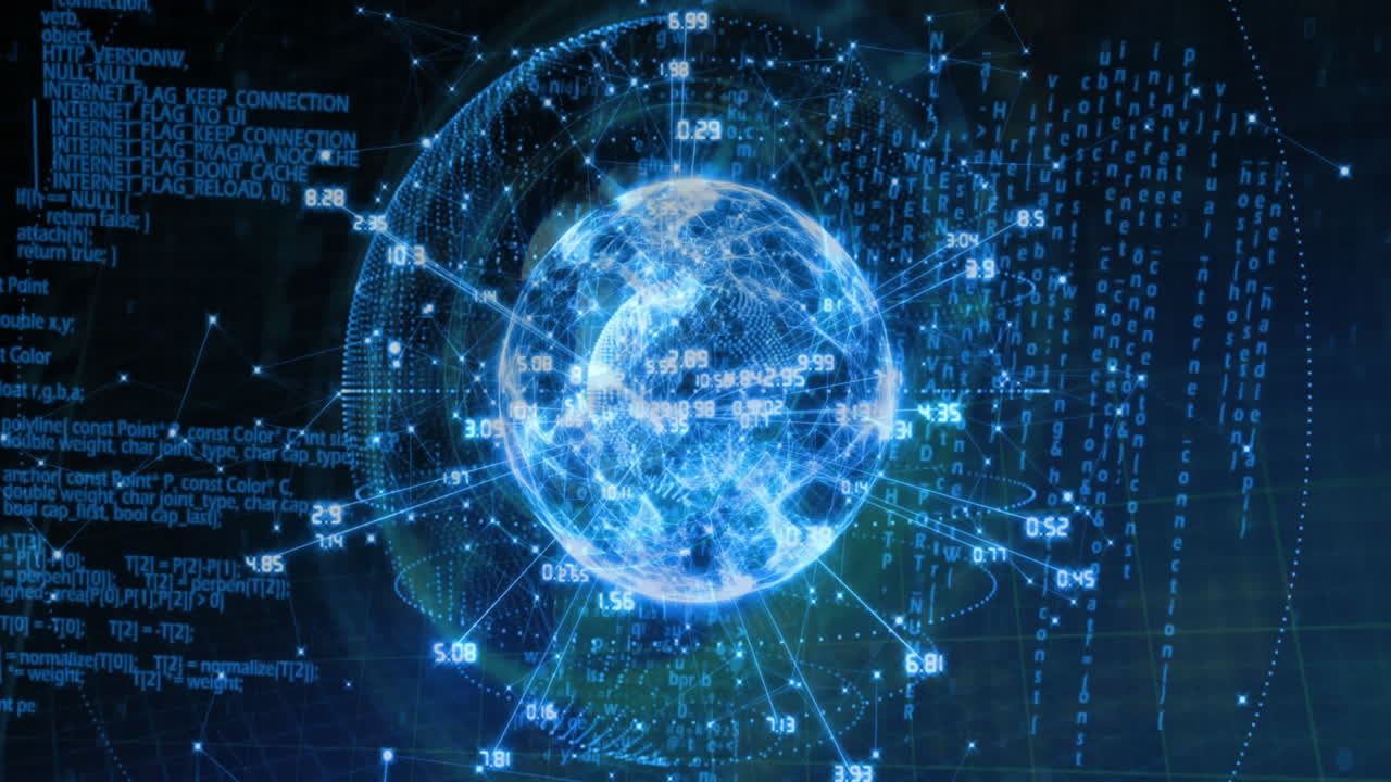 Digital globe surrounded by binary code and data processing animation